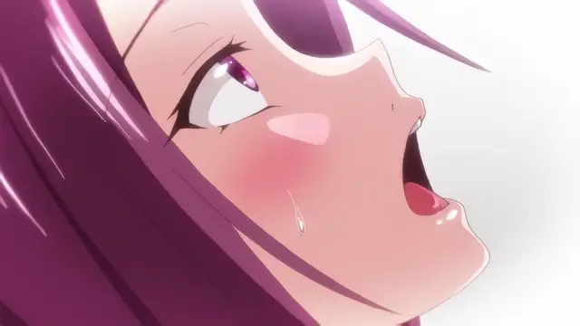 An anime girl with long purple hair has a blushing face, wide eyes, and an open mouth with a bead of sweat on her cheek as she looks upward with a shocked expression. Screenshot from Imaizumin-chi wa Douyara Gal no Tamariba ni Natteru Rashii - Episode 1