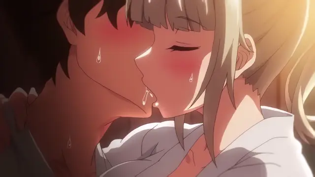 A blushing anime girl and a sweating young man share a passionate, drooling kiss while positioned close together in a dimly lit room. Screenshot from Imaizumin-chi wa Douyara Gal no Tamariba ni Natteru Rashii - Episode 2