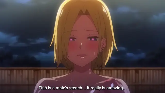 A blushing anime girl with short blonde hair looks dazed and sweaty, with a subtitle stating, "This is a male's stench... It really is amazing...". Screenshot from Imaizumin-chi wa Douyara Gal no Tamariba ni Natteru Rashii - Episode 2