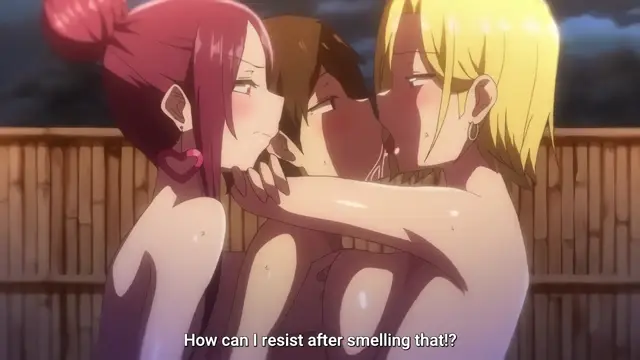 A blushing anime girl with pink hair and another with blonde hair both lean in to kiss a shirtless man between them while wearing revealing lingerie and sweating in front of a bamboo fence, with subtitles reading "How can I resist after smelling that!?". Screenshot from Imaizumin-chi wa Douyara Gal no Tamariba ni Natteru Rashii - Episode 2