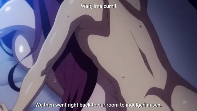 A close-up shot from an anime featuring a woman with long dark hair and wet skin, with subtitles reading "Wait, Imaizumi!" and "We then went right back to our room to indulged in sex.". Screenshot from Imaizumin-chi wa Douyara Gal no Tamariba ni Natteru Rashii - Episode 2