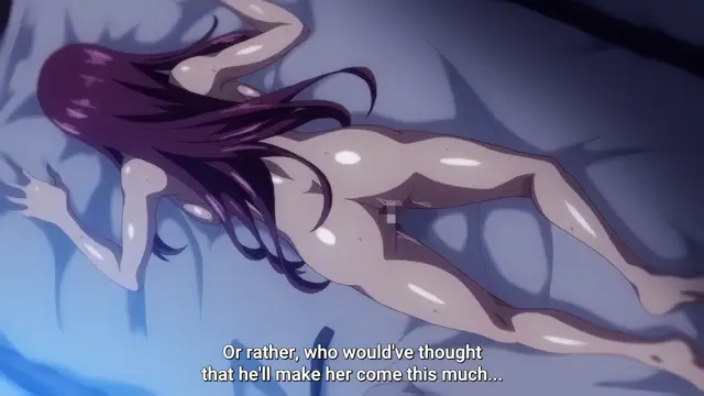A naked woman with long purple hair lies on a bed, her body glistening with sweat, with the subtitle "Or rather, who would've thought that he'll make her come this much..." displayed at the bottom. Screenshot from Imaizumin-chi wa Douyara Gal no Tamariba ni Natteru Rashii - Episode 2