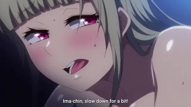 A blushing anime girl with long gray hair and red eyes looks upwards with a dazed expression, sweating and panting as she says, "Ima-chin, slow down for a bit!". Screenshot from Imaizumin-chi wa Douyara Gal no Tamariba ni Natteru Rashii - Episode 2