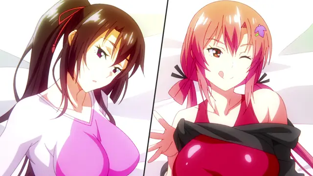 A two-panel split screen shows two anime girls with large breasts, one with brown hair in a white and pink shirt looking surprised, and the other with pink hair in a red swimsuit looking excited. Screenshot from Garden: Takamine-ke no Nirinka The Animation