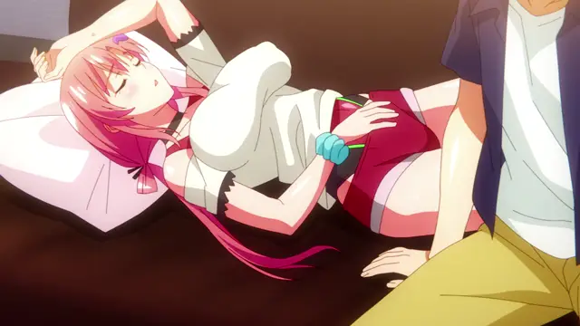 A pink-haired girl in a white top and red shorts lies on a bed with her eyes closed while a man sits beside her, with his hand on her hip. Screenshot from Garden: Takamine-ke no Nirinka The Animation