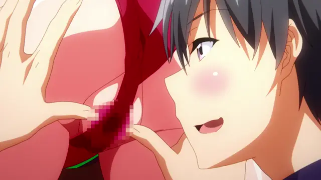 A blushing anime boy with gray hair looks on with a surprised expression as a girl with long hair undresses her breasts to reveal her nipples. Screenshot from Garden: Takamine-ke no Nirinka The Animation