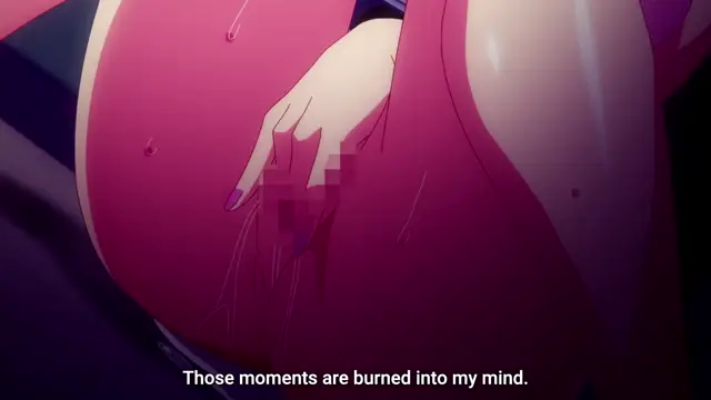 A close-up shot of a woman with large breasts and beads of sweat on her skin, her hand reaching toward her chest as subtitles at the bottom read, "Those moments are burned into my mind.". Screenshot from Garden: Takamine-ke no Nirinka The Animation
