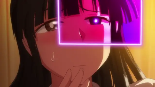 A blushing anime girl with long dark hair and an embarrassed expression looks to the side while a glowing purple neon frame overlays a close-up of her face with a glowing purple eye. Screenshot from Inkou Kyoushi no Saimin Seikatsu Shidouroku - Episode 1