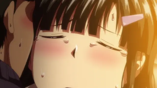 A blushing anime girl with teary eyes and sweat beads on her face rests her head against a man's face in a close-up shot. Screenshot from Inkou Kyoushi no Saimin Seikatsu Shidouroku - Episode 1