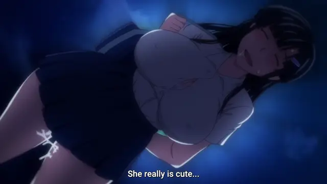 A high-angle, close-up shot shows an anime girl with long black hair and a school uniform lying on her back with her breasts spilling out from her open shirt, accompanied by the subtitle "She really is cute...". Screenshot from Inkou Kyoushi no Saimin Seikatsu Shidouroku - Episode 1
