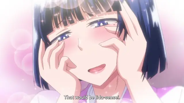 A blushing girl with dark blue hair rests her face in her hands with a dazed, happy expression as a subtitle at the bottom reads, "That would be Iida-sensei.". Screenshot from Inkou Kyoushi no Saimin Seikatsu Shidouroku - Episode 2