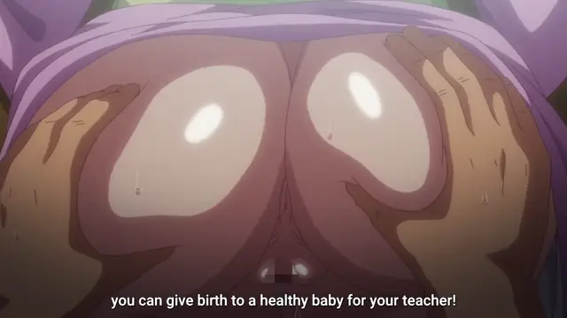 A close-up shot of a woman's large, pendulous breasts with visible nipples as a man's hands grasp them from behind, accompanied by the subtitle "you can give birth to a healthy baby for your teacher!". Screenshot from Inkou Kyoushi no Saimin Seikatsu Shidouroku - Episode 2