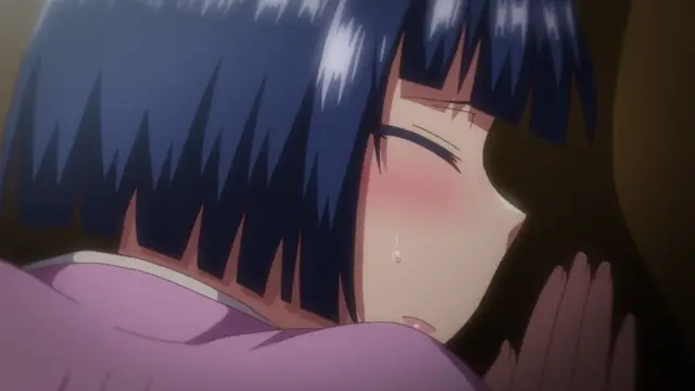 A close-up anime girl with blue hair and a blushing face lies face-down on a surface with her eyes closed and a tear rolling down her cheek. Screenshot from Inkou Kyoushi no Saimin Seikatsu Shidouroku - Episode 2