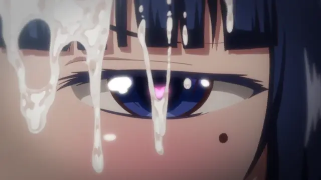 A close-up shot of an anime girl with blue hair and a mole under her eye, her face covered in thick white fluids dripping down. Screenshot from Inkou Kyoushi no Saimin Seikatsu Shidouroku - Episode 2