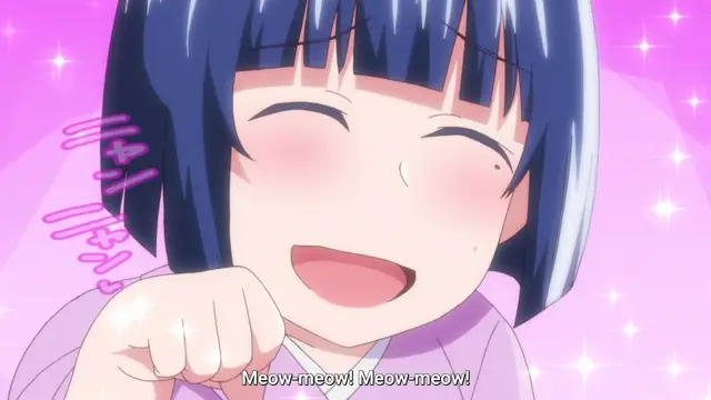 A blushy-faced anime girl with short blue hair and a happy expression looks forward while saying, "Meow-meow! Meow-meow!". Screenshot from Inkou Kyoushi no Saimin Seikatsu Shidouroku - Episode 2