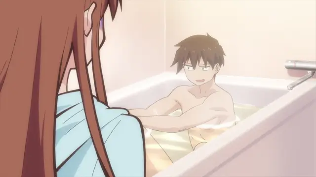 A long-haired girl wrapped in a light blue towel stands in a bathroom, looking down at a shirtless young man who is sitting in a bathtub filled with bubbles and looking up at her. Screenshot from Overflow - Episode 1