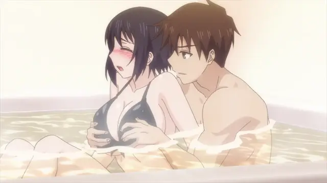 A blushing anime girl with dark hair and a black bikini top sits in a hot spring tub while a brown-haired man stands behind her, holding her breasts from behind. Screenshot from Overflow - Episode 1