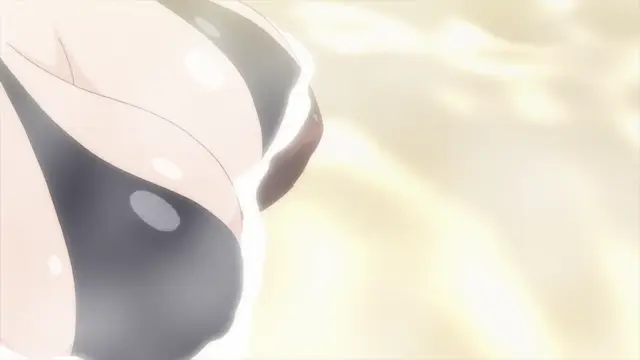 A close-up shot of a woman with large breasts in a black swimsuit wearing highlights, with her chest pressed against a light-colored surface. Screenshot from Overflow - Episode 1