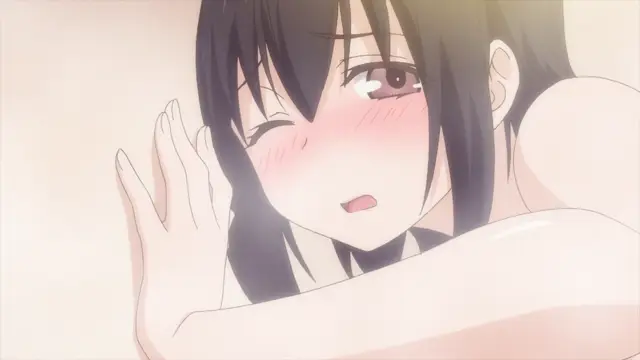 An anime girl with long dark hair and blushing cheeks winks while lying on her side with her arm behind her head. Screenshot from Overflow - Episode 1