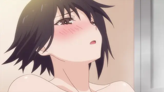 A blushing anime girl with short black hair looks upwards with a dazed expression and half-closed eyes, her face flushed red while she appears to be in a state of arousal. Screenshot from Overflow - Episode 1
