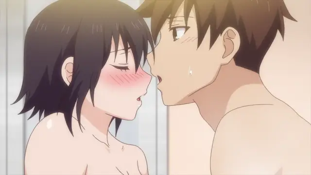 A blushing anime girl with short black hair and a shirtless boy with short brown hair lean in close to each other with their lips nearly touching in a romantic, intimate scene. Screenshot from Overflow - Episode 1