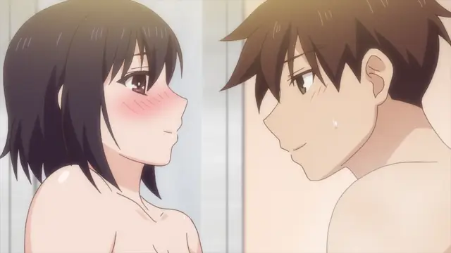 A blushing young woman and a smiling man with sweat on his face stand close together, looking into each other's eyes while completely nude in a bathroom. Screenshot from Overflow - Episode 1