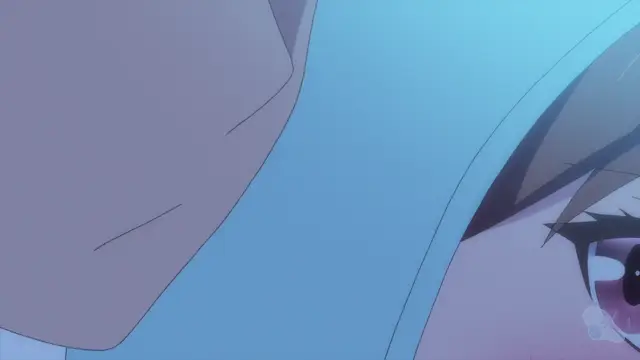 A close-up shot of an anime girl with blue hair and a purple eye looking towards a male character who is facing away from the camera. Screenshot from Overflow - Episode 2