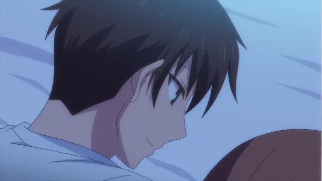 A male anime character with dark hair leans in close to a female character's face with a smirk while lying in bed. Screenshot from Overflow - Episode 2