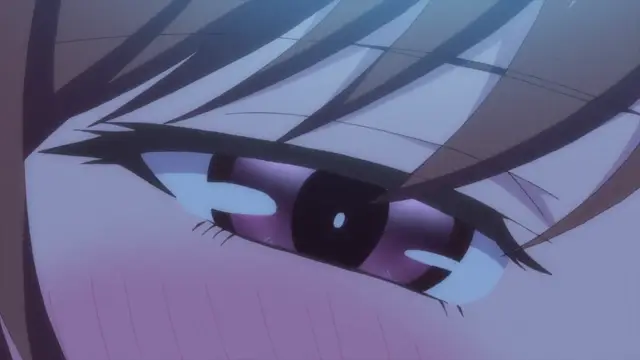 A close-up shot of a blushing anime girl with long brown hair and purple eyes looking down with a heavy lidded gaze. Screenshot from Overflow - Episode 2