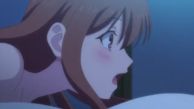An anime girl with brown hair and blushing cheeks looks shocked with her mouth open as she lies on her back. Screenshot from Overflow - Episode 2
