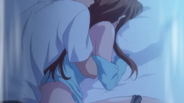 A close-up anime shot depicts a woman with long brown hair lying on a bed while a man in a light blue shirt leans over her, with his genital area pressed against her breast and groin. Screenshot from Overflow - Episode 2