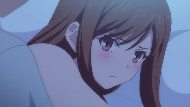 A blushing girl with long brown hair lies on her side with a sad expression, looking toward a man's bare torso. Screenshot from Overflow - Episode 2