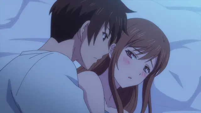 A young anime woman with blushing cheeks and dazed eyes lies on a bed next to a man who leans in close to her face, their bodies pressed together in an intimate, erotic position. Screenshot from Overflow - Episode 2
