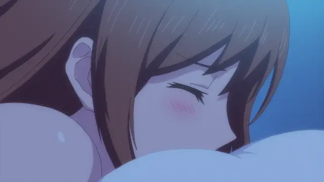 A close-up shot of a blushing girl with brown hair laying face down on a white surface with her eyes closed and sweat on her skin. Screenshot from Overflow - Episode 2