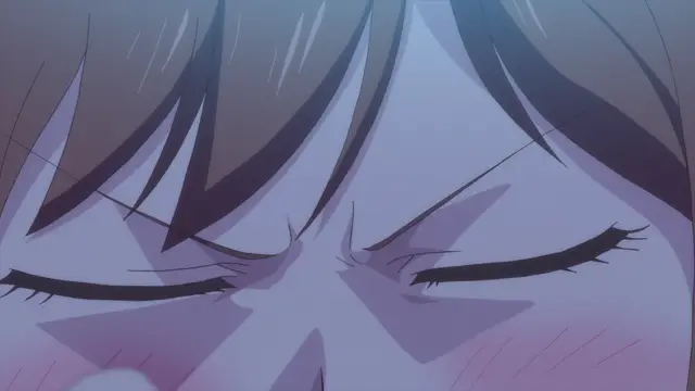 An anime girl with closed eyes and a blushing face looks upwards with a distressed expression. Screenshot from Overflow - Episode 2