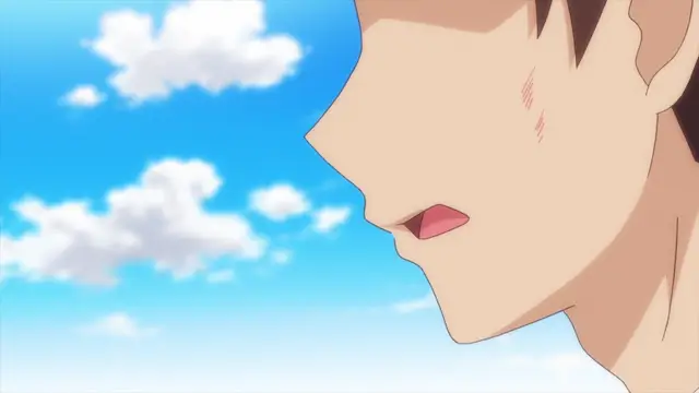 A close-up profile of a blushing anime man looking upwards with an open mouth against a bright blue sky with white clouds. Screenshot from Overflow - Episode 3