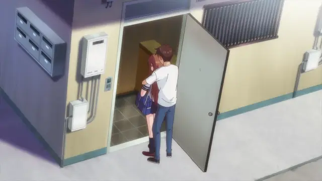 A girl in a school uniform and a man in a white shirt and blue pants stand at an open doorway, looking into a dimly lit room with a bed inside. Screenshot from Overflow - Episode 3