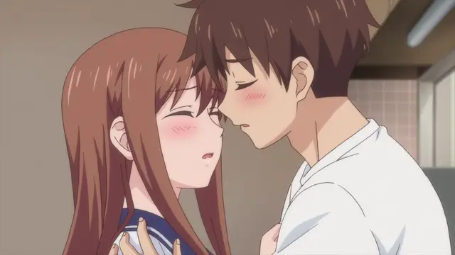 A blushing anime girl with long brown hair and a white-shirted boy with short brown hair lean in close to each other with their eyes closed, about to kiss. Screenshot from Overflow - Episode 3