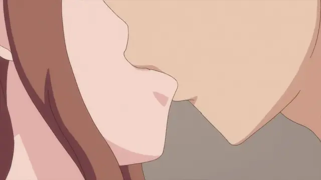 A close-up shot of two anime characters' faces, with the male character's face pressed against the female character's lips as if they are about to kiss. Screenshot from Overflow - Episode 3