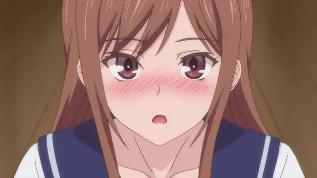 A blushing anime girl with long brown hair and large, shimmering eyes wears a blue and white school uniform while looking surprised. Screenshot from Overflow - Episode 3