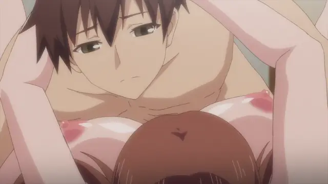 A shirtless, dark-haired male character leans over a brown-haired female character who is lying down with her breasts exposed, while a third person with long blonde hair holds them from behind. Screenshot from Overflow - Episode 3