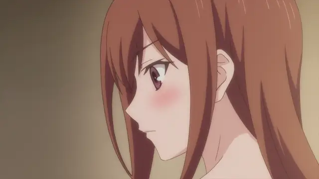 A close-up shot of a blushing anime girl with long light brown hair looking nervously to the side. Screenshot from Overflow - Episode 3