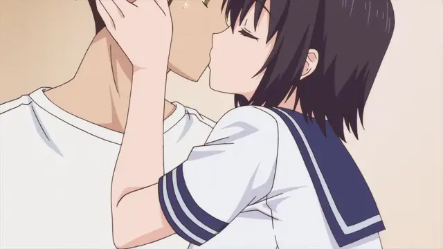 A schoolgirl in a sailor uniform is being kissed on the lips by a man while she places her hand on his face. Screenshot from Overflow - Episode 4