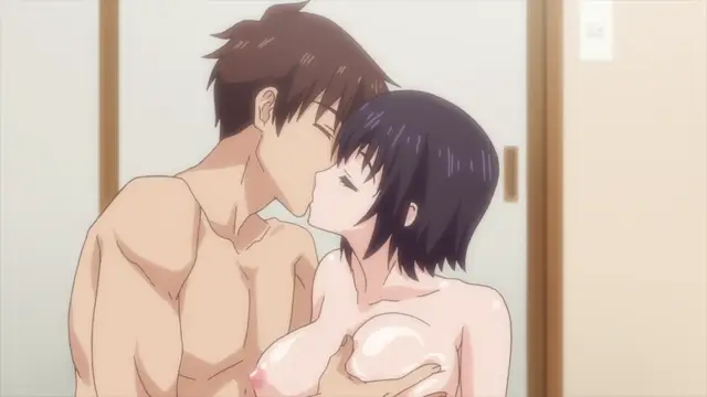 A shirtless young man with brown hair kisses a naked young woman with short black hair on the lips while holding her large breasts in an anime-style adult scene. Screenshot from Overflow - Episode 4