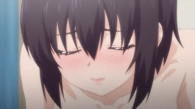A close-up shot of a blushing, sweating anime girl with black hair looking down with heavy eyelids and a slight pout. Screenshot from Overflow - Episode 4