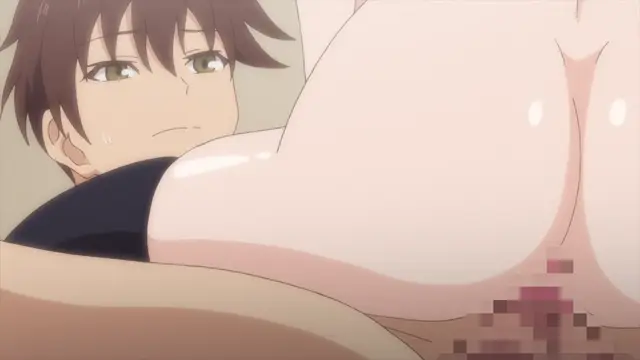 A brown-haired male anime character with a shocked expression looks on as a large-breasted woman sits in front of him, her chest pressing against his face. Screenshot from Overflow - Episode 4