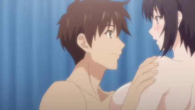 In this anime scene, a shirtless brown-haired young man smiles warmly at a blushing black-haired girl while resting his hand on her shoulder in what appears to be a bathroom. Screenshot from Overflow - Episode 4