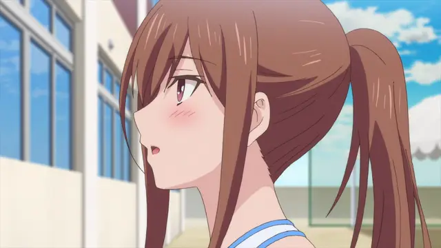 A blushing brown-haired girl with pigtails in a sports top looks startled as she stands outside a building. Screenshot from Overflow - Episode 5