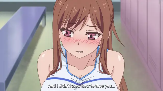 A blushing, long-haired girl in a blue and white sports swimsuit stands in a locker room with a worried expression, with the subtitle "And I didn't know how to face you..." displayed at the bottom. Screenshot from Overflow - Episode 5
