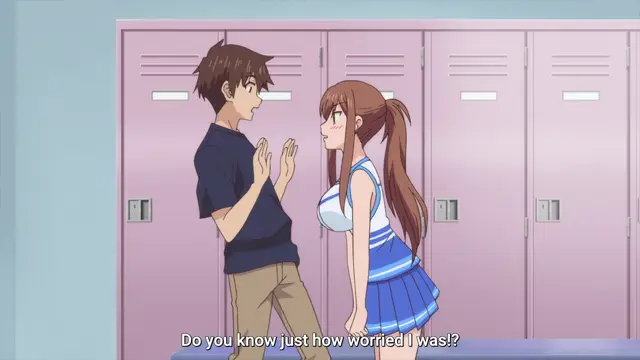 A brown-haired boy in a black shirt and tan pants stands in a school hallway, looking concerned and holding his hands together as a girl in a blue and white school uniform leans forward toward him with a worried expression, while the subtitle at the bottom reads, "Do you know just how worried I was!?". Screenshot from Overflow - Episode 5